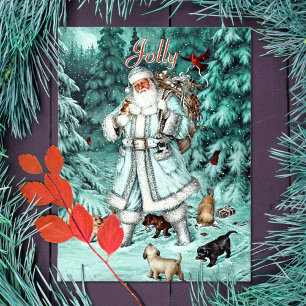 Vintage Aqua Blau Weihnachtsmann Christmas Woods Feiertagspostkarte