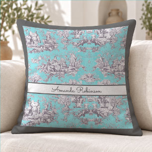 Vintage Aqua Blaues Französisches Toile Monogramm Kissen