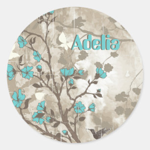 Vintage aqua Blumen floral grunge individuell Runder Aufkleber