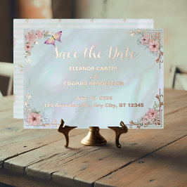 Vintage Aqua Peony Wedding Foil Save the Date Kart Folieneinladung