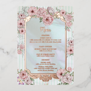 Vintage-Aquamarin-Pfingstrosen-Hochzeitsmenükarte Folieneinladung