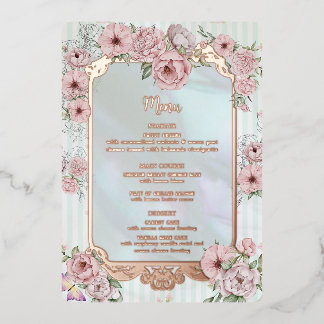 Vintage-Aquamarin-Pfingstrosen-Hochzeitsmenükarte Folieneinladung