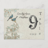 Vintage Aquamarine Birds Damask Hochzeit Tischnumm Postkarte (Rückseite)