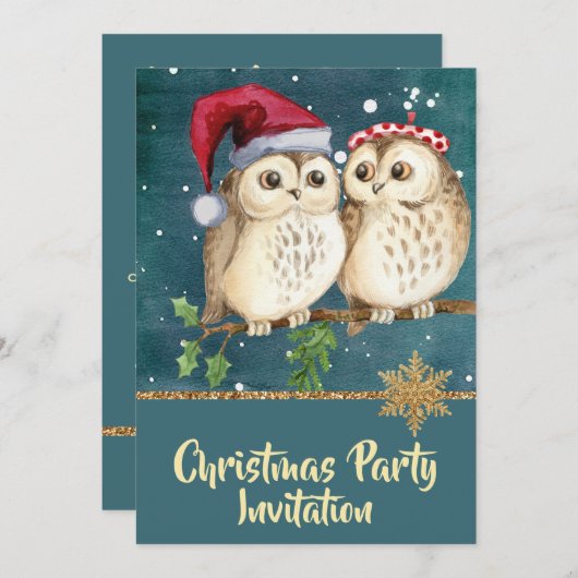 Vintage Aquamarine Blue Christmas Owls Party Einla Einladung (Vorne/Hinten)
