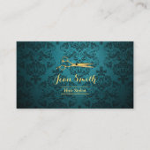 Vintage Aquamarine Damask Goldschere Haarstylistin Visitenkarte (Vorderseite)