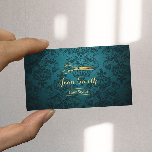 Vintage Aquamarine Damask Goldschere Haarstylistin Visitenkarte