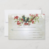 Vintage Aquamarine Liebesvögel Roter Blossom Graue RSVP Karte (Vorderseite)