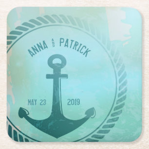 Vintage Aquamarine Nautical Anchor Custom Wedding  Rechteckiger Pappuntersetzer
