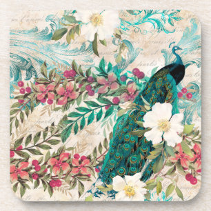 Vintage Aquamarine Pfaue und rosa Blume Getränkeuntersetzer