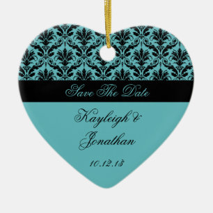 Vintage aquamarine schwarze Damast-Save the Date Keramikornament