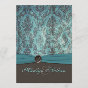 Vintage Aquamarine und braune Damast Hochzeitseinl Einladung