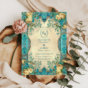 Vintage Aquamarine und goldene Blumenhochzeit Einladung