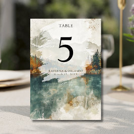 Vintage Aquarell Bergsee Hochzeit im Herbst Tischnummer