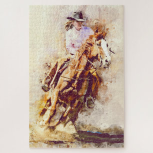Vintage-Aquarell einer Wildwest-Rodeo-Cowgirl, Puzzle