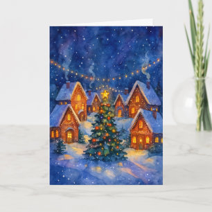 Vintage-Aquarell-festliche Weihnachtsnacht Dorf We Feiertagskarte