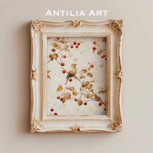 Vintage-Aquarell Goldener Vogel auf rotem Beerenas Poster