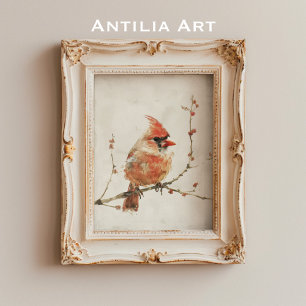Vintage-Aquarell-Kardinal auf Zweig Poster