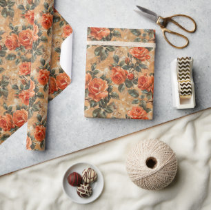 Vintage-Aquarell-Korallen-Englische-Rosen-Kupfer Geschenkpapier
