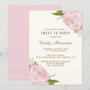 Vintage-Aquarell-Rosa Pfingstrosen Sweet Sixteen Einladung