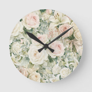 Vintage-Aquarell-Rosa-Rosen- und Lilien-Blumenmust Runde Wanduhr