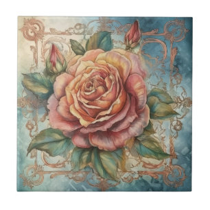 Vintage-Aquarell-Rose mit dekorativem Rahmen Fliese