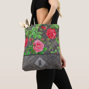 Vintage-Aquarell-Rosen in Rot auf Grau-Linen Initi Tasche