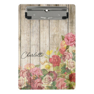 Vintage-Aquarell-Rosen & rustikales Holz Mini Klemmbrett