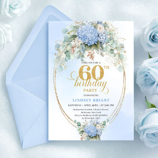Vintage-Aquarell-Staubblau-Blumen 60. Geburtstag Einladung