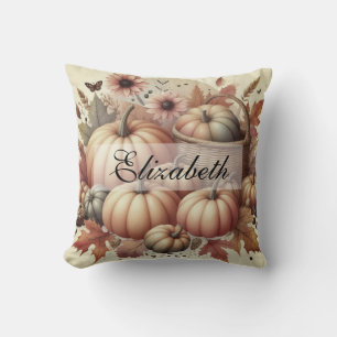 Vintage-Aquarell von Kürbissen und Herbstblättern Kissen