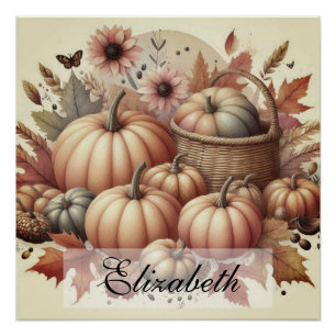 Vintage-Aquarell von Kürbissen und Herbstblättern Poster
