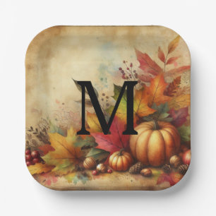 Vintage-Aquarell von Kürbissen und Herbstlaub Pappteller