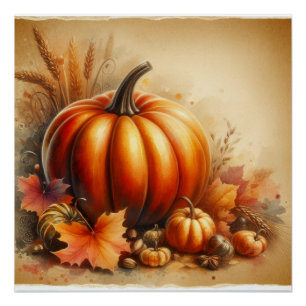 Vintage-Aquarell von Kürbissen und Herbstlaub Poster