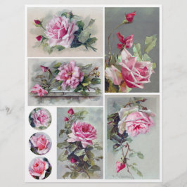 Vintage Aquarellbilder mit rosa Rosengemälden von 