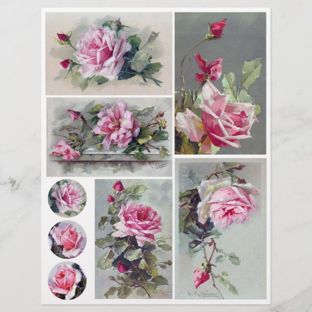 Vintage Aquarellbilder mit rosa Rosengemälden von  (Vorderseite)