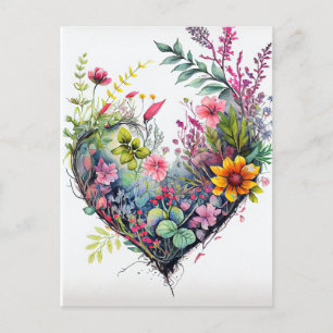 Vintage-Aquarellblumen und Herz-Liebeskarte Postkarte
