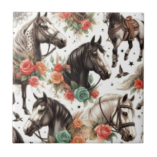 Vintage Aquarellfarbe Nahtlose Pferdemalerei Fliese