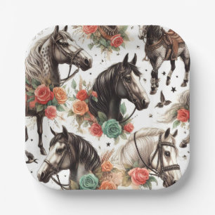 Vintage Aquarellfarbe Nahtlose Pferdemalerei Pappteller