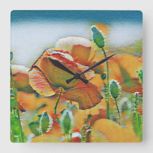 Vintage Aquarellfarbe Orangefarbene Mohn-Blume Quadratische Wanduhr