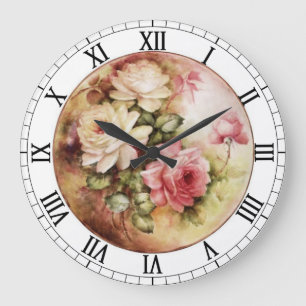 Vintage Aquarellfarben Rose Viktorianische Blume B Große Wanduhr
