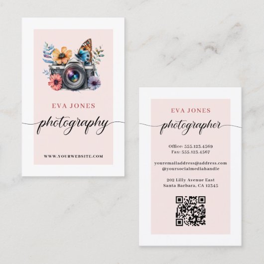 Vintage Aquarellkamera und Blume Fotografie Visitenkarte (Vorne/Hinten)