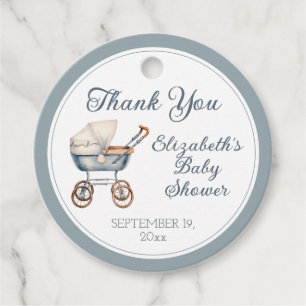 Vintage Aquatercolor Blue Baby Carriage Personalis Geschenkanhänger