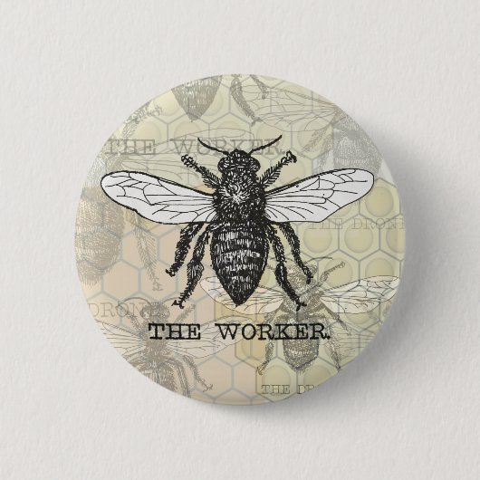 Vintage Arbeiterbiene Illustrationskunst Button (Vorderseite)