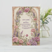 Vintage Arch Lila Rosa Rosen Blumenhochzeit Einladung (Stehend Vorderseite)