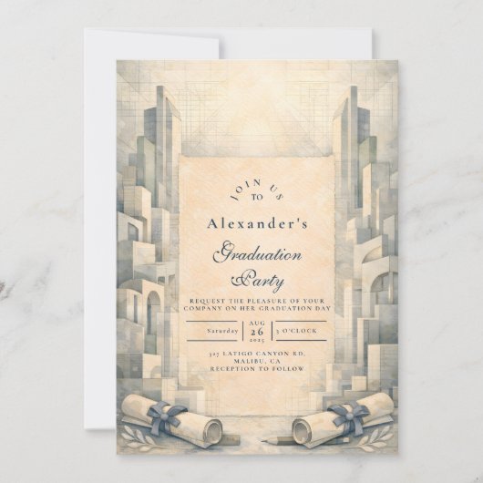 Vintage Architecture Drawing Graduation Einladung (Vorderseite)