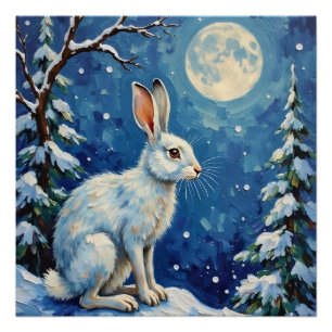 Vintage arktischer Hase im Weihnachtsmondlicht  Poster
