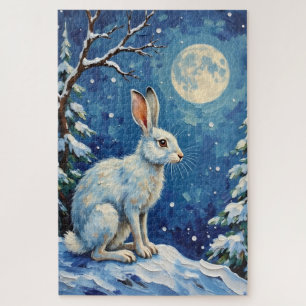 Vintage-Arktishase im winterlichen Mondlicht-Weihn Puzzle