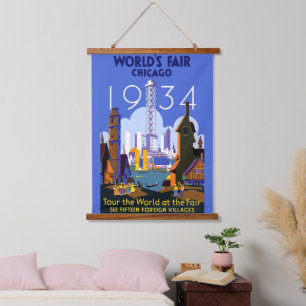 Vintage-Art Deco-Chicago-1934-Weltausstellungsplak Wandteppich Mit Holzrahmen