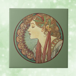 Vintage Art Deco Dame Grüne Mosaikfliesen Blätter Fliese
