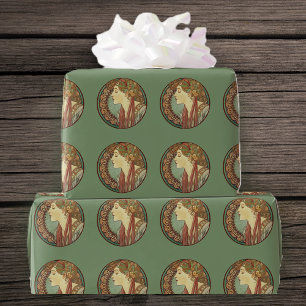 Vintage Art Deco Dame Grüne Mosaikfliesen Blätter Geschenkpapier