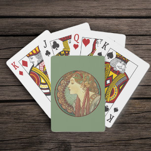Vintage Art Deco Dame Grüne Mosaikfliesen Blätter Spielkarten